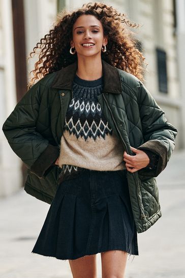 Khaki Green Quilted Cord Collar Shower Resistant Jacket