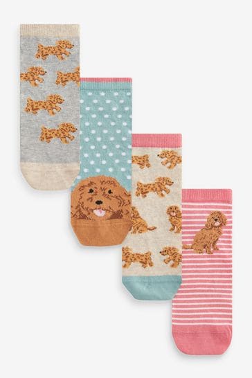 Pink/Blue/Oatmeal Charlie The Cockapoo Trainer Socks 4 Pack