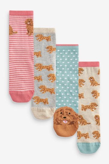 Pink/Blue/Oatmeal Charlie The Cockapoo Ankle Socks 4 Pack