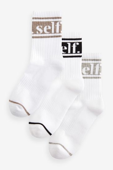self. Neutral/Black/Grey Cushioned Sole Ribbed Slogan Ankle Socks 3 Pack