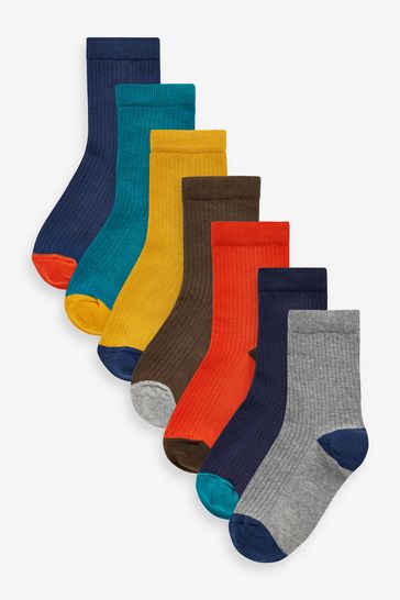 Multicolour Block Cotton Rich Fine Rib Socks 7 Pack