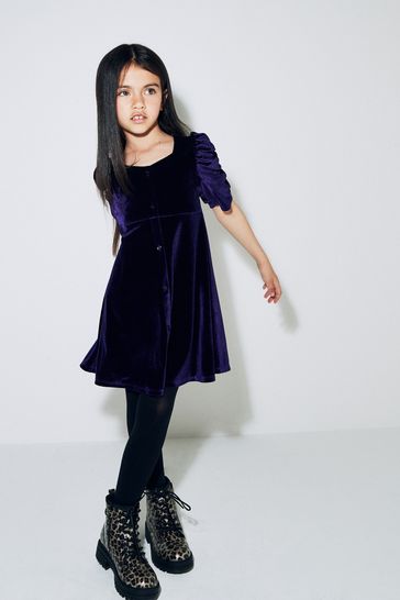 Buy Purple Velvet Shirred Sleeve Dress 3 16yrs from Next Ireland