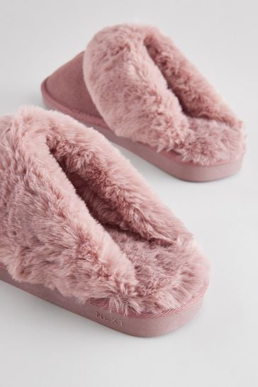 Mink Pink Suede Faux Fur Lined Mule Slippers