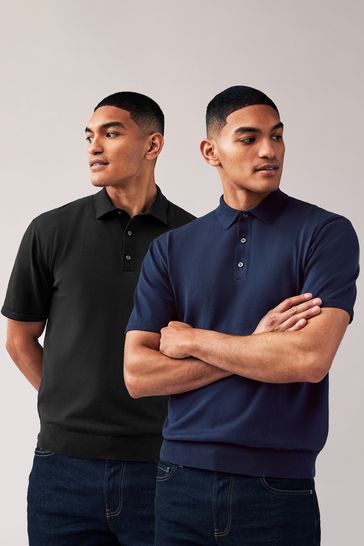 Black/Navy Regular Long Sleeve Knitted Polo Shirts 2 Pack