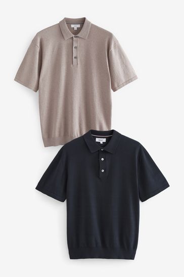 Neutral/Navy Knitted Regular Fit 2 Pack Polo Shirts