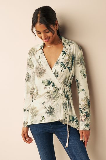 Buy Ecru Cream Floral Printed Wrap Tunic Shirt from Next Luxembourg