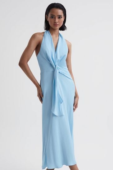 Reiss Blue Amber Halter Neck Tie Detail Midi Dress