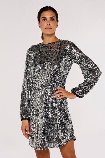 Buy Apricot Silver Sequin Puff Sleeve Tie Waist Dress from the