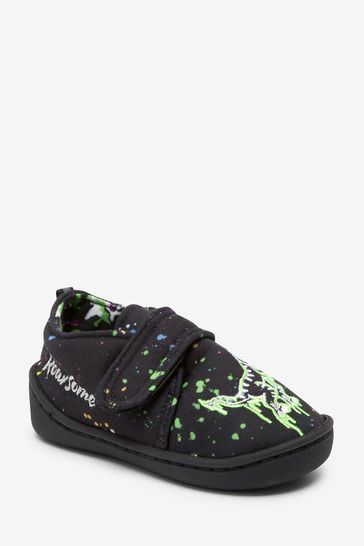 Buy Black Dinosaur Splat Touch Fastening Cupsole Slippers from
