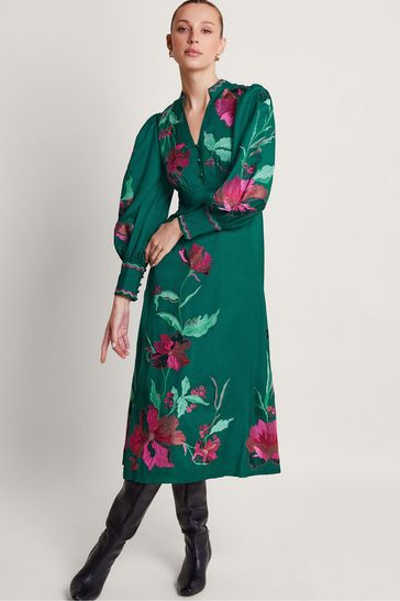 Monsoon Green Lyra Embroidered Midi Dress