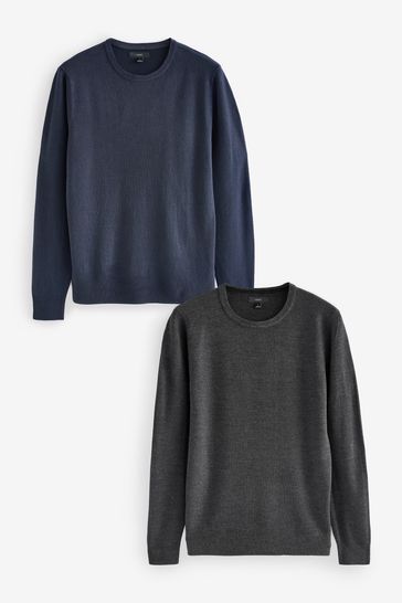 Navy Blue Charcoal Grey Crew Neck Regular Soft Touch Jumpers 2 Pack