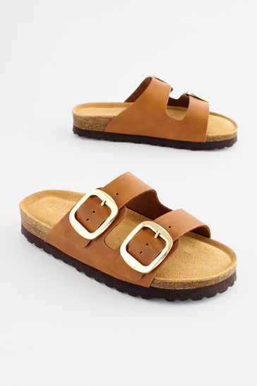Tan Brown Corkbed Double Strap Sandals