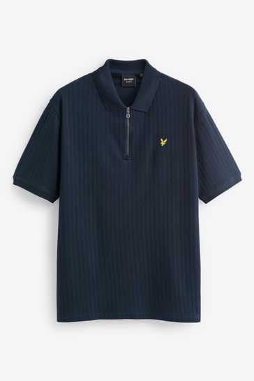 Lyle & Scott Navy Blue Plus Size Textured Zip Neck Polo Shirt