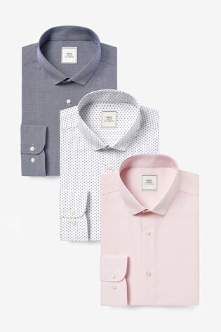 Navy Blue/Pink Print Slim Fit Single Cuff Shirts 3 Pack