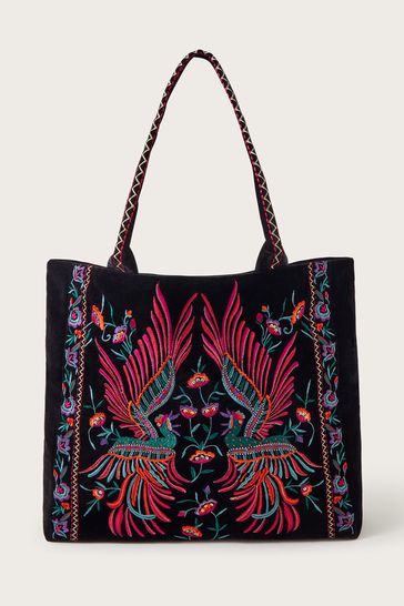 Buy Monsoon Beatrice Bird Embroidered Velvet Black Tote Bag from