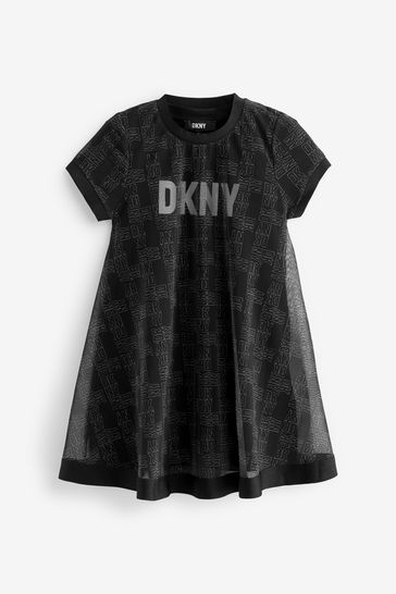 DKNY Two Layer Mesh Logo Black Dress