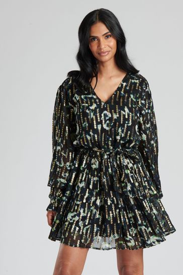 Buy Finding Friday Black Metallic Long Sleeve Short Dress from