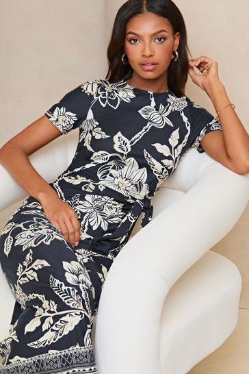 Lipsy Navy Blue Floral Short Sleeve Tie Side Midi Dress