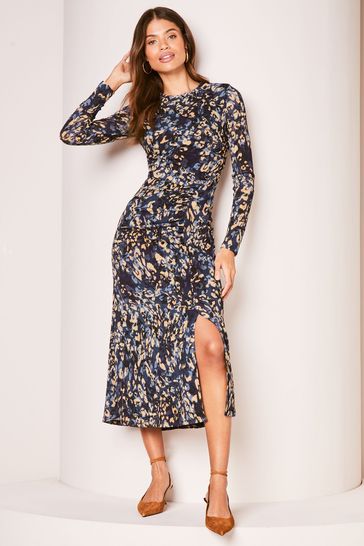 Lipsy Navy Blue Printed Ruched Midaxi Dress