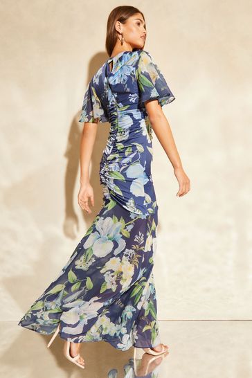 Buy Lipsy Navy Blue Floral Flutter Sleeve V Neck Mesh Mix Summer Maxi Dress from Next Austria