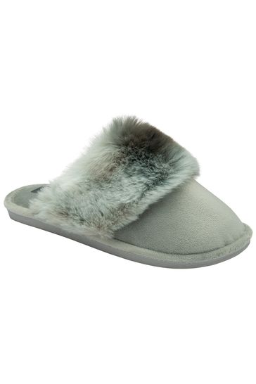 Dunlop Green Ladies Closed Toe Faux Fur Mule Slippers