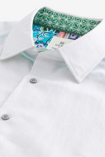 White Slim Fit Short Sleeve Trimmed Linen Blend Shirt