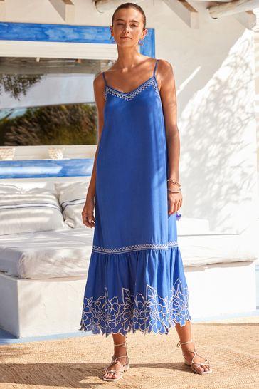 Buy Blue/White Embroidered Strappy Midaxi Summer Dress from Next USA