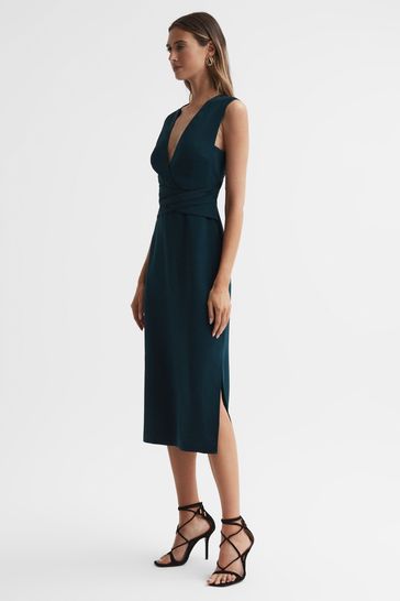 Reiss Teal Jayla Petite Fitted Wrap Design Midi Dress