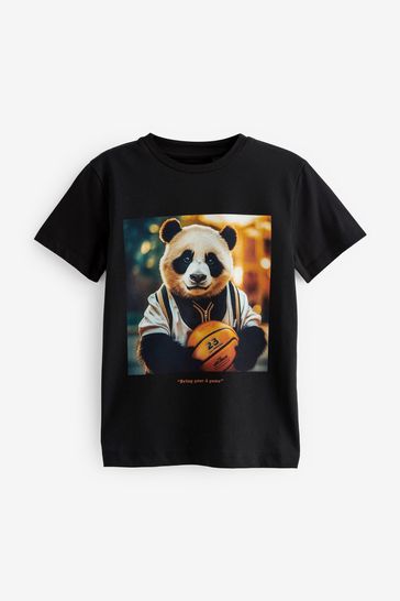 Black Basketball Panda Short Sleeve Graphic T-Shirt (3-16yrs)