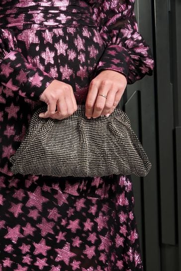 Finding Friday Silver Diamante Clutch Bag with Detachable Chain