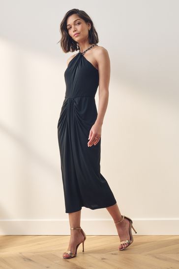 Lauren Ralph Lauren Amberline Stretch Jersey Halterneck Chain Midi Black Dress