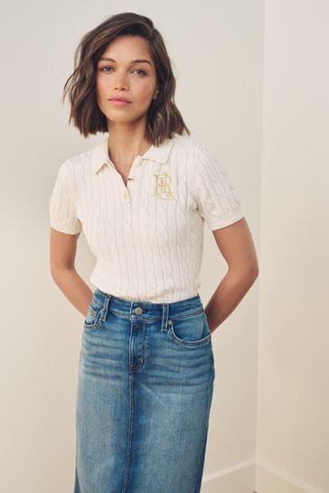 Lauren Ralph Lauren Cream Natrissa Cable Knit Cotton Polo Shirt