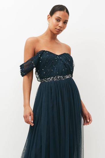 Buy Anaya With Love Navy Blue Scatter Sequin Bardot Maxi Dress