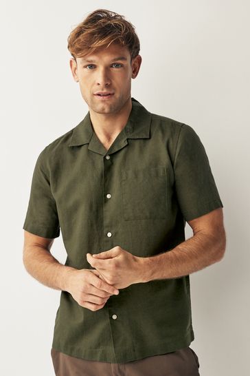 Green Cuban Collar Linen Blend Short Sleeve Shirt