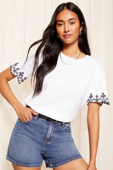 Friends Like These White Petite Short Sleeve Contrast Broderie Sleeve T-Shirt