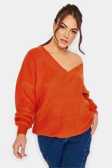 Buy Yours Curve Orange Double V Neck Jumper from Next Luxembourg