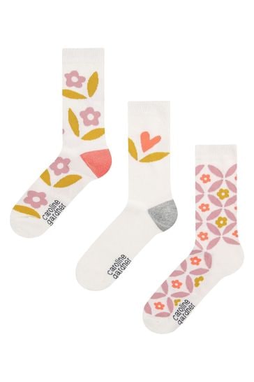 Caroline Gardner White Floral Design Socks 3 PK