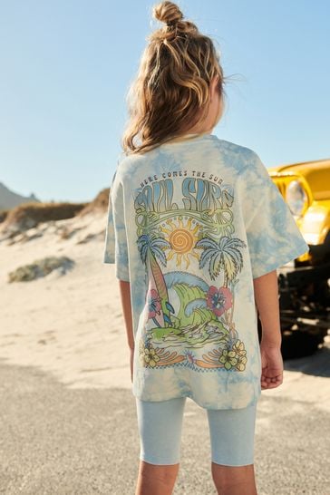 Blue Surf Tie Dye Oversized T-Shirt and Cycle Shorts Set (3-16yrs)