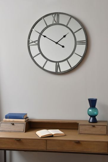 Libra Grey Grey Framed Beaded Mirrored Round Wall Clock