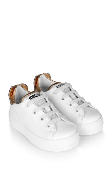 Kids White/Gold Leather Teddy Trainers