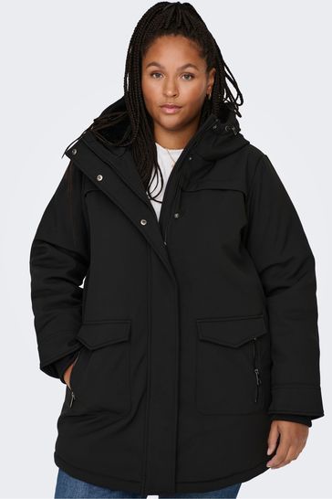 ONLY Curve Black Technical Parka Coat With Faux Fur Lining