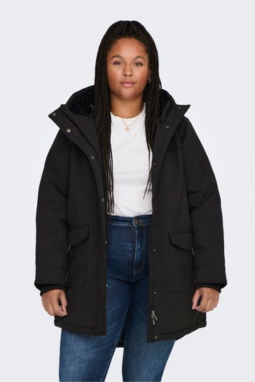 ONLY Curve Black Technical Parka Coat With Faux Fur Lining