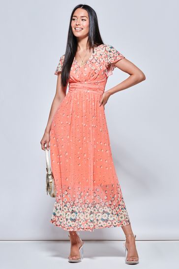Buy Jolie Moi Orange Mirrored Floral Print Mesh Maxi Dress from