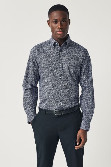 Navy Blue Floral Regular Fit Easy Iron Button Down Oxford Shirt
