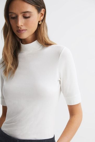 Reiss Ivory Brooklyn High Neck Short Sleeve T-Shirt