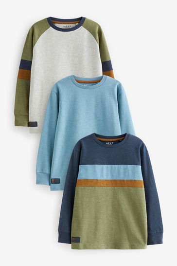 Khaki Green/Blue/Grey Long Sleeve Colourblock T-Shirts 3 Pack (3-16yrs)