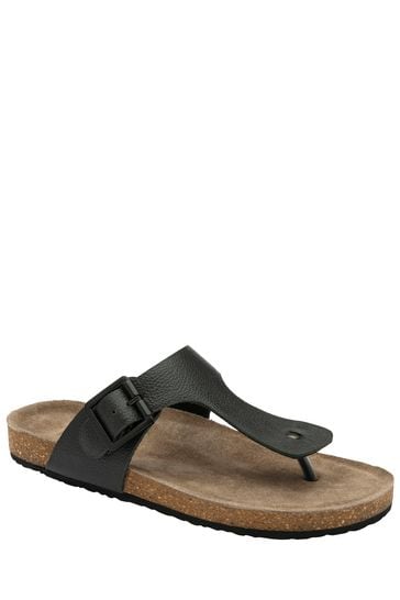 Ravel Black Leather Toe-Post Sandals