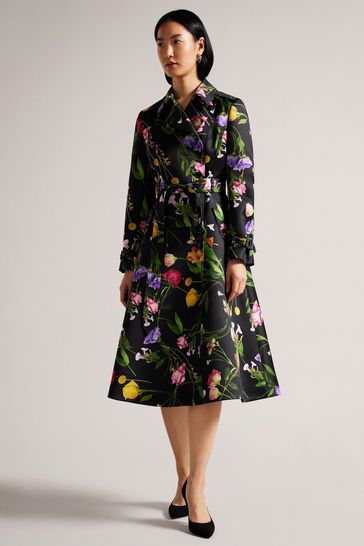 Ted Baker Moiraa Printed Double Breasted Black Trench Coat