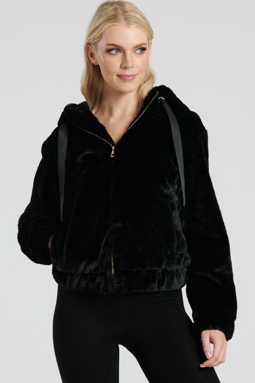 South Beach Black Faux Fur Hooded Jacket