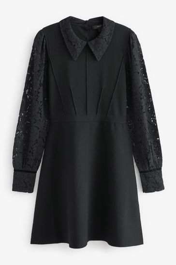 Buy Black Lace Detail Pinafore Knitted Layer Dress from Next Ukraine